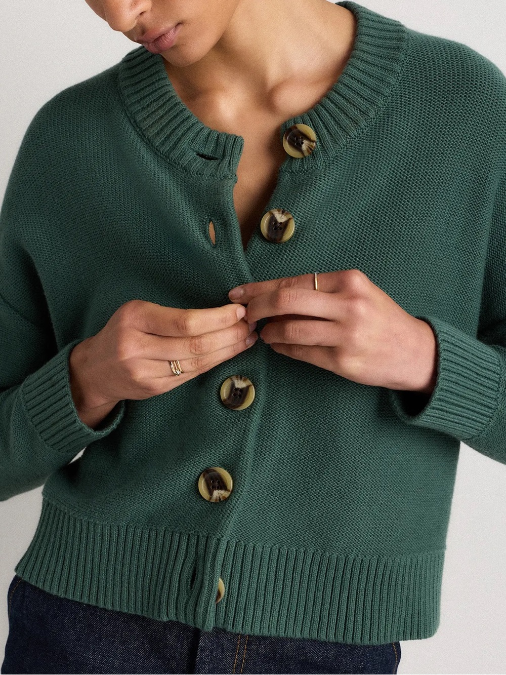 EUC Quince Organic Cotton Knit Green Button Front Cropped Cardigan Sweater M
